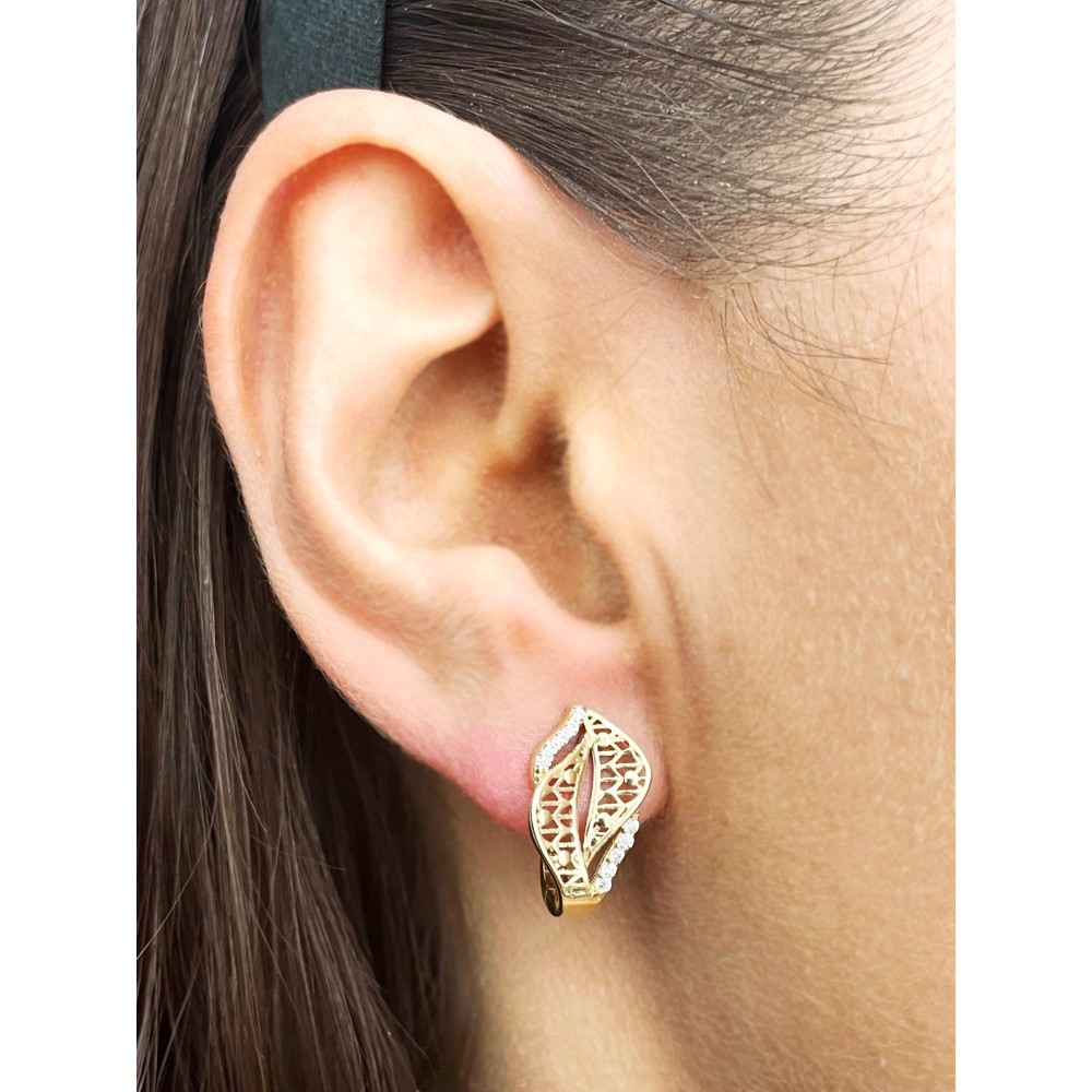 Złote kolczyki przecinki ażurowe z cyrkoniami