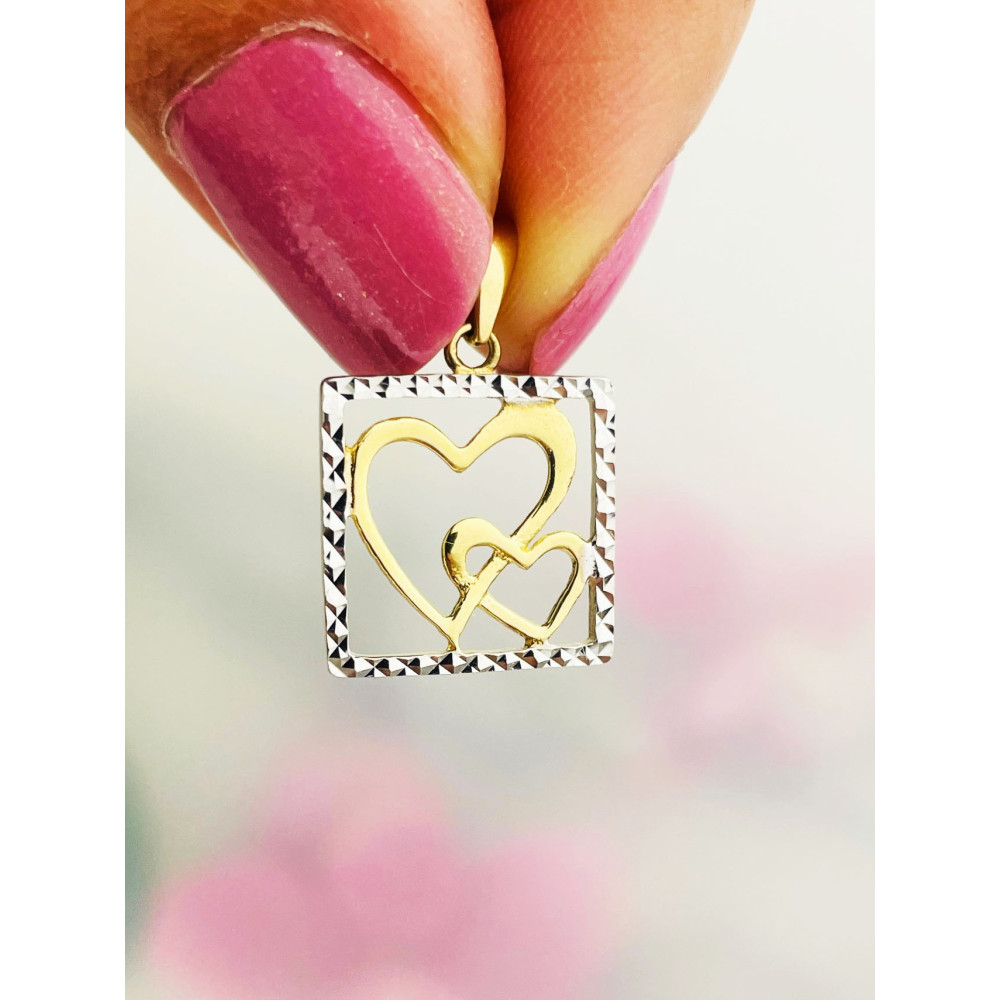 Złoty wisiorek zawieszka serce serduszko w ramce dwa serca  bikolor