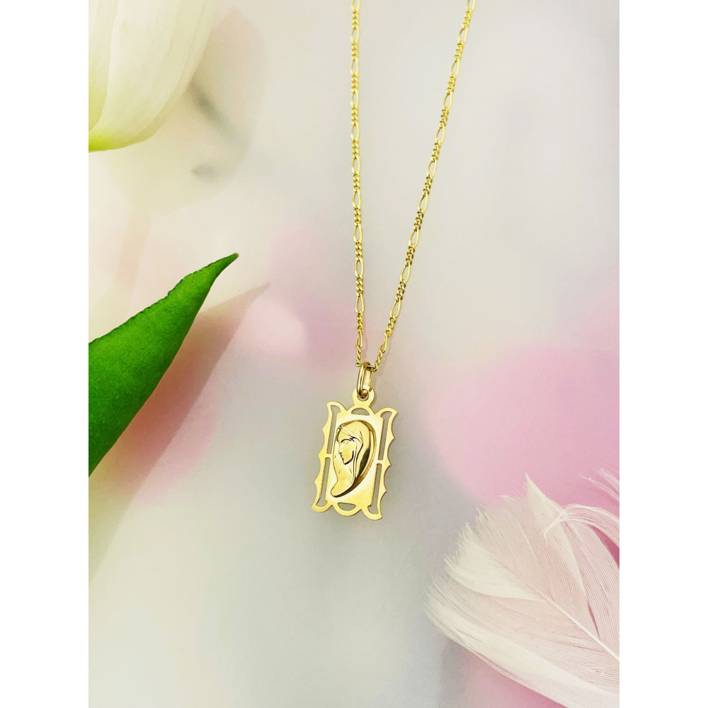 Złoty Medalik Zawieszka Matka Boska Madonna w ozdobnej ramce Komunia Chrzest