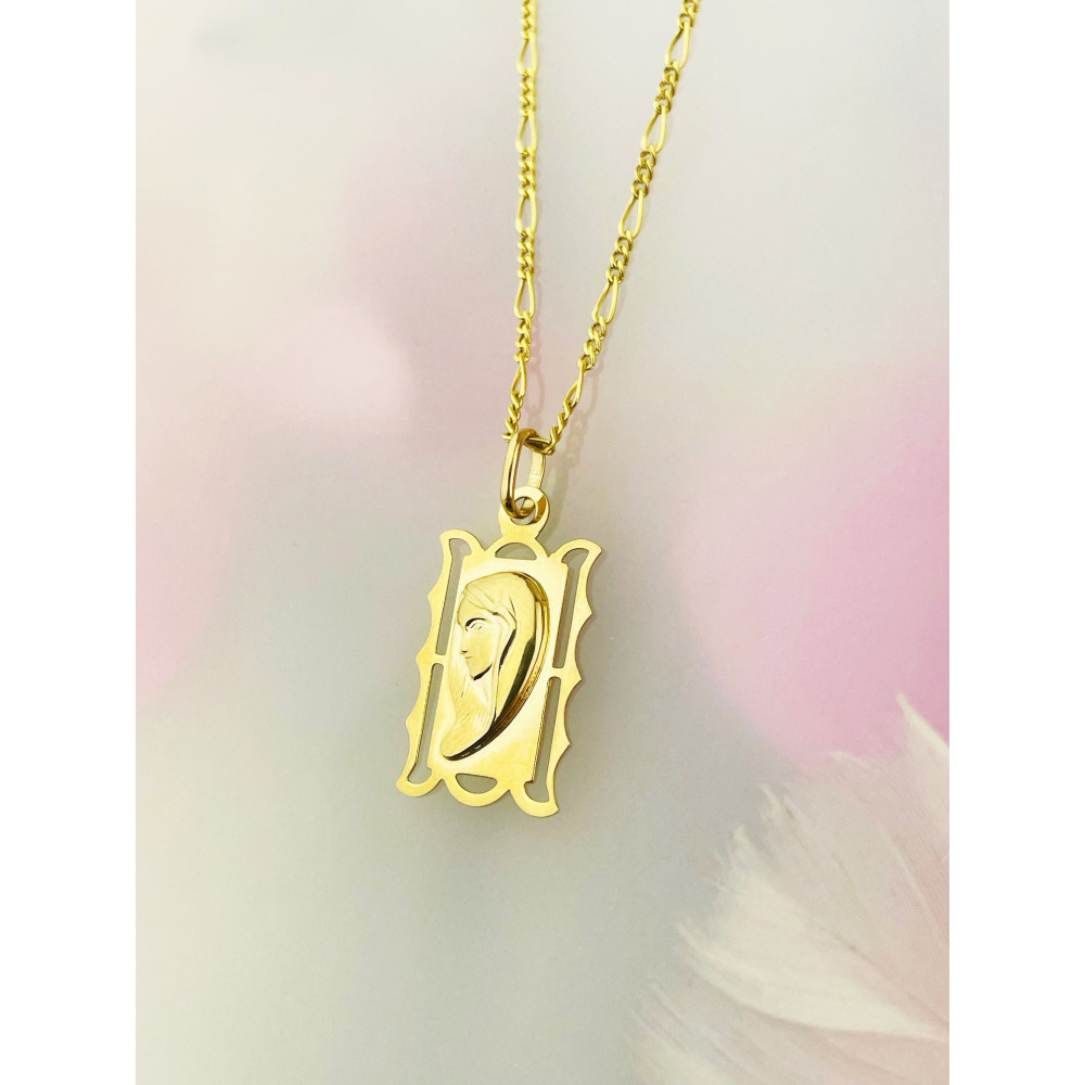 Złoty Medalik Zawieszka Matka Boska Madonna w ozdobnej ramce Komunia Chrzest