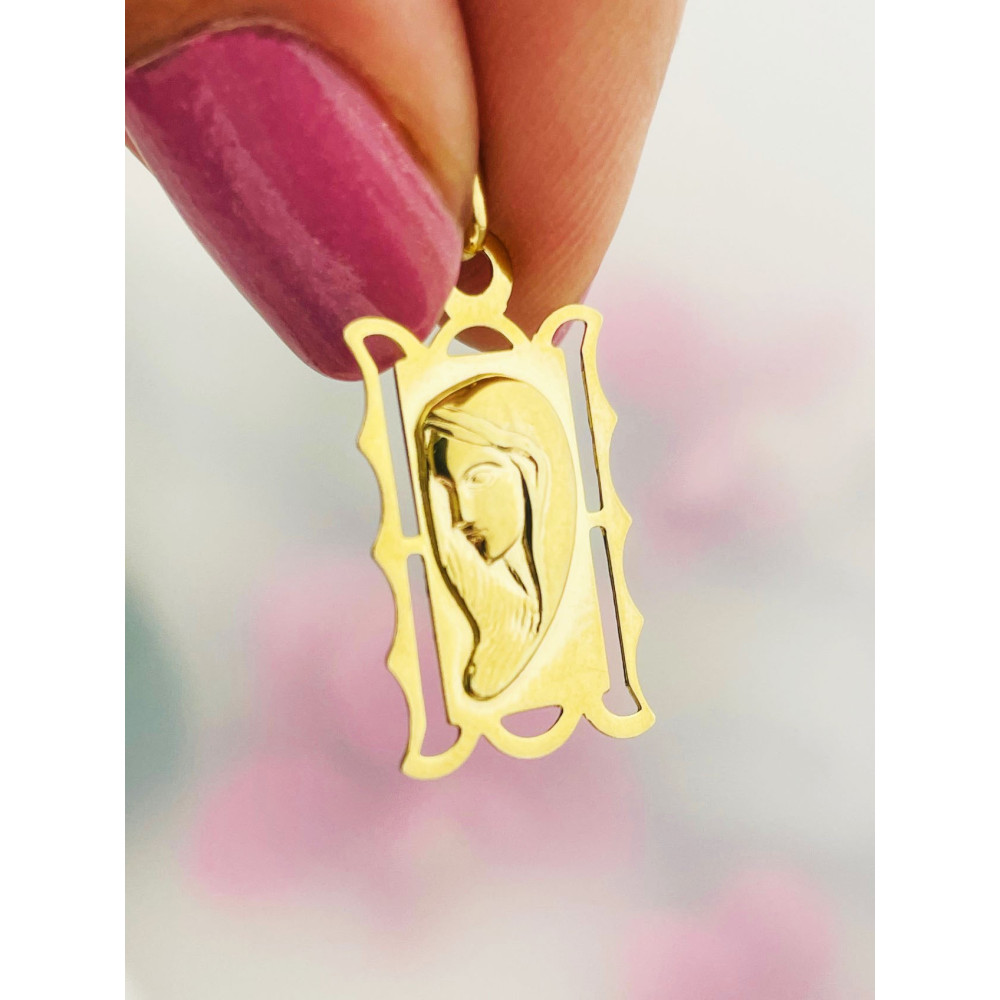 Złoty Medalik Zawieszka Matka Boska Madonna w ozdobnej ramce Komunia Chrzest