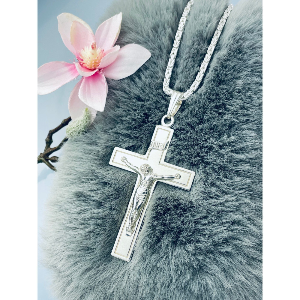 925 Silber Halskette mit Königskette und großes Kreuz mit Jesus