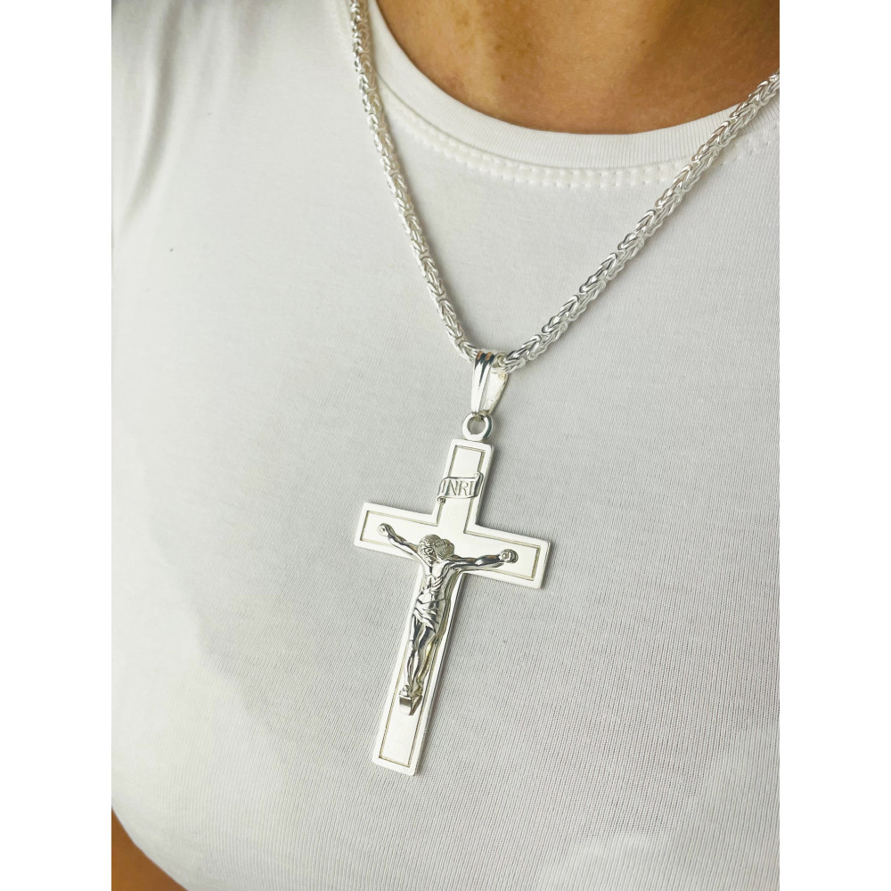 925 Silber Halskette mit Königskette und großes Kreuz mit Jesus