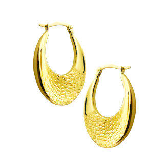 Złote kolczyki szerokie koła owalne polerowane zdobione wzorkiem