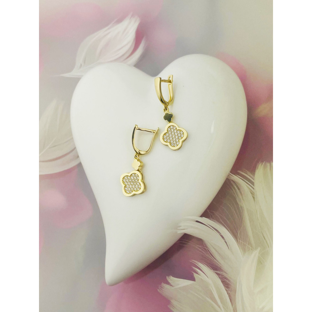 Kleeblatt Gold Ohrringe mit Zirkonia Ohrhänger Ohrstecker Ohrschmuck Paar Gelbgold 585er 14KT