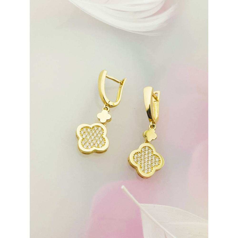 Kleeblatt Gold Ohrringe mit Zirkonia Ohrhänger Ohrstecker Ohrschmuck Paar Gelbgold 585er 14KT