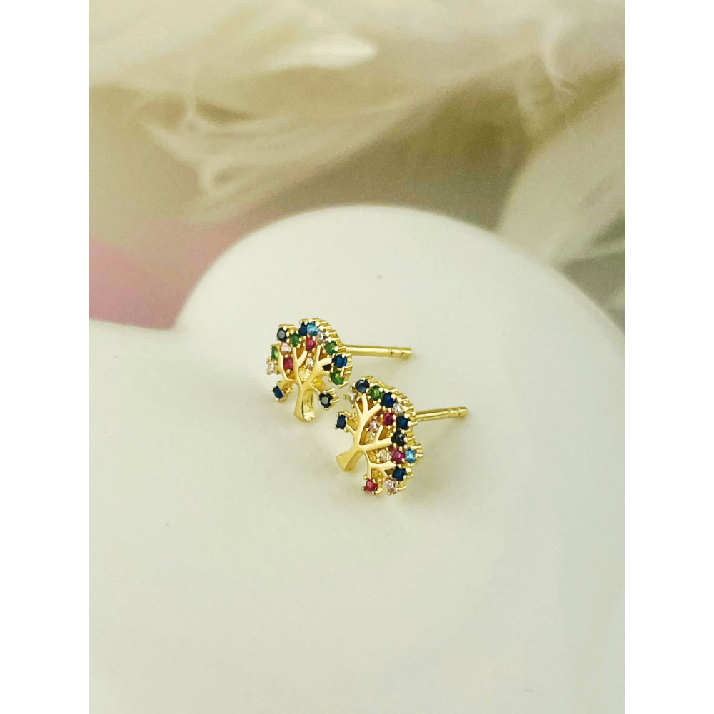 Baum Creolen Ohrringe mit Zirkonia Ohrhänger Ohrstecker Ohrschmuck Paar Gelbgold 585er 14KT