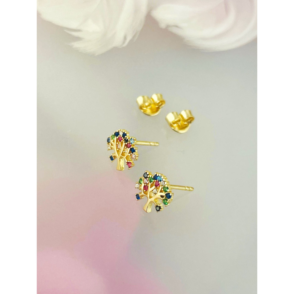 Baum Creolen Ohrringe mit Zirkonia Ohrhänger Ohrstecker Ohrschmuck Paar Gelbgold 585er 14KT