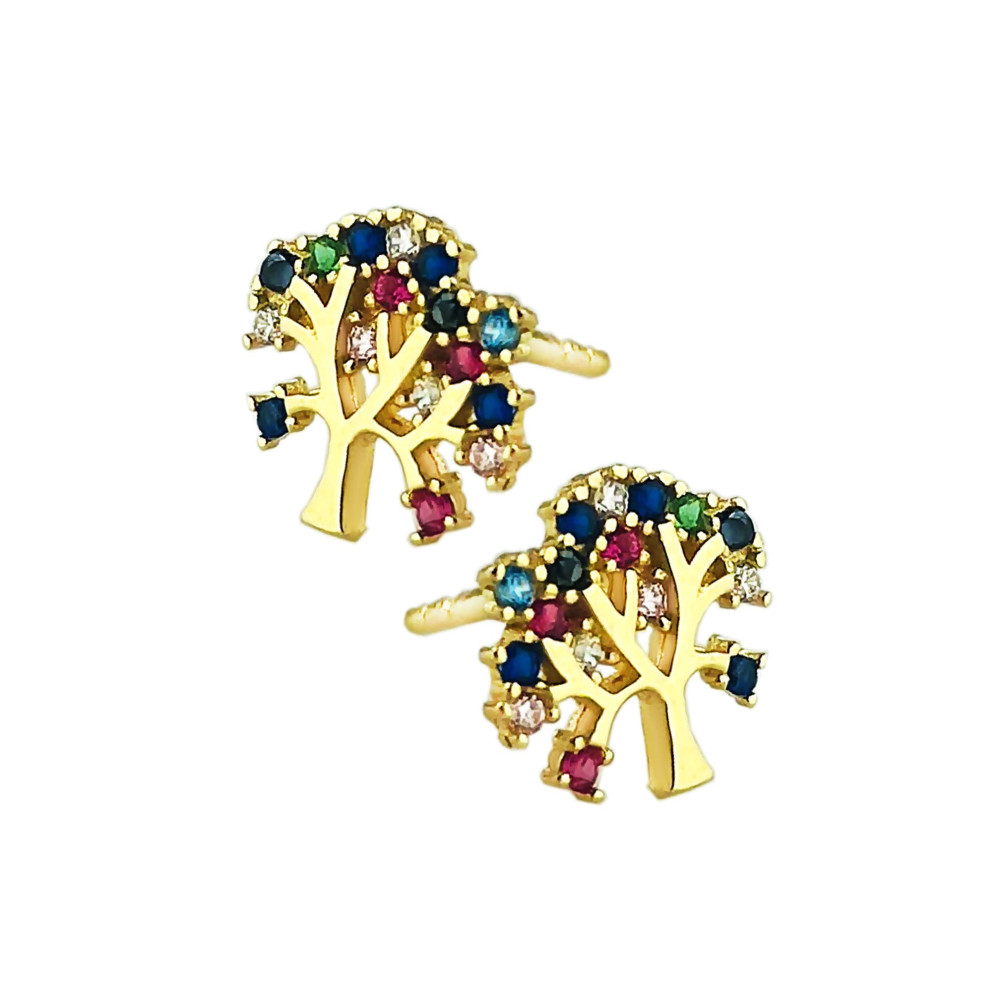 Baum Creolen Ohrringe mit Zirkonia Ohrhänger Ohrstecker Ohrschmuck Paar Gelbgold 585er 14KT