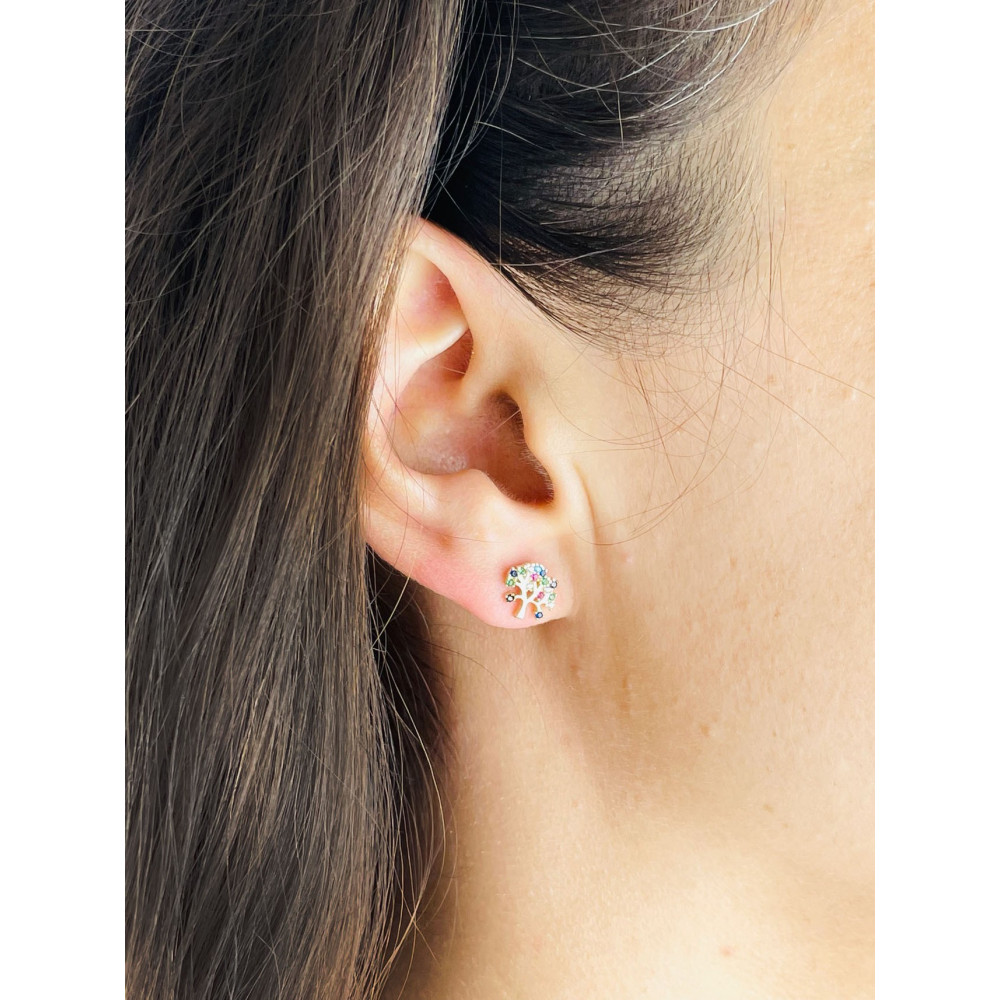 Baum Creolen Ohrringe mit Zirkonia Ohrhänger Ohrstecker Ohrschmuck Paar Gelbgold 585er 14KT