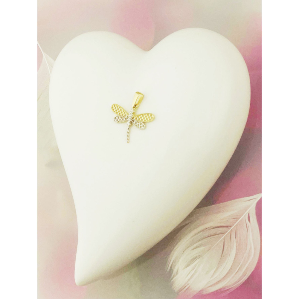 Złoty wisiorek ważka bikolor zawieszka ważna z cyrkoniami ażurowa