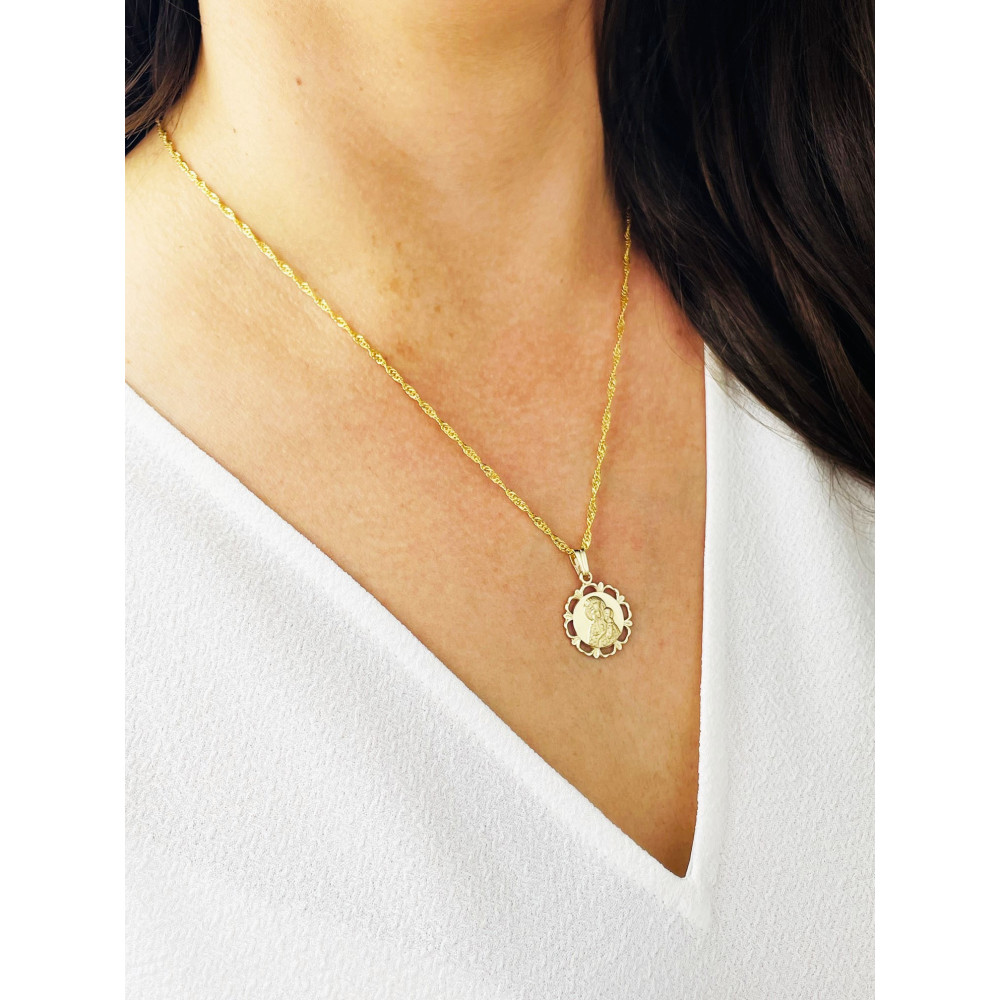 Złoty Medalik rozeta Zawieszka Matka Boska Częstochowska zdobiony Chrzest Komunia