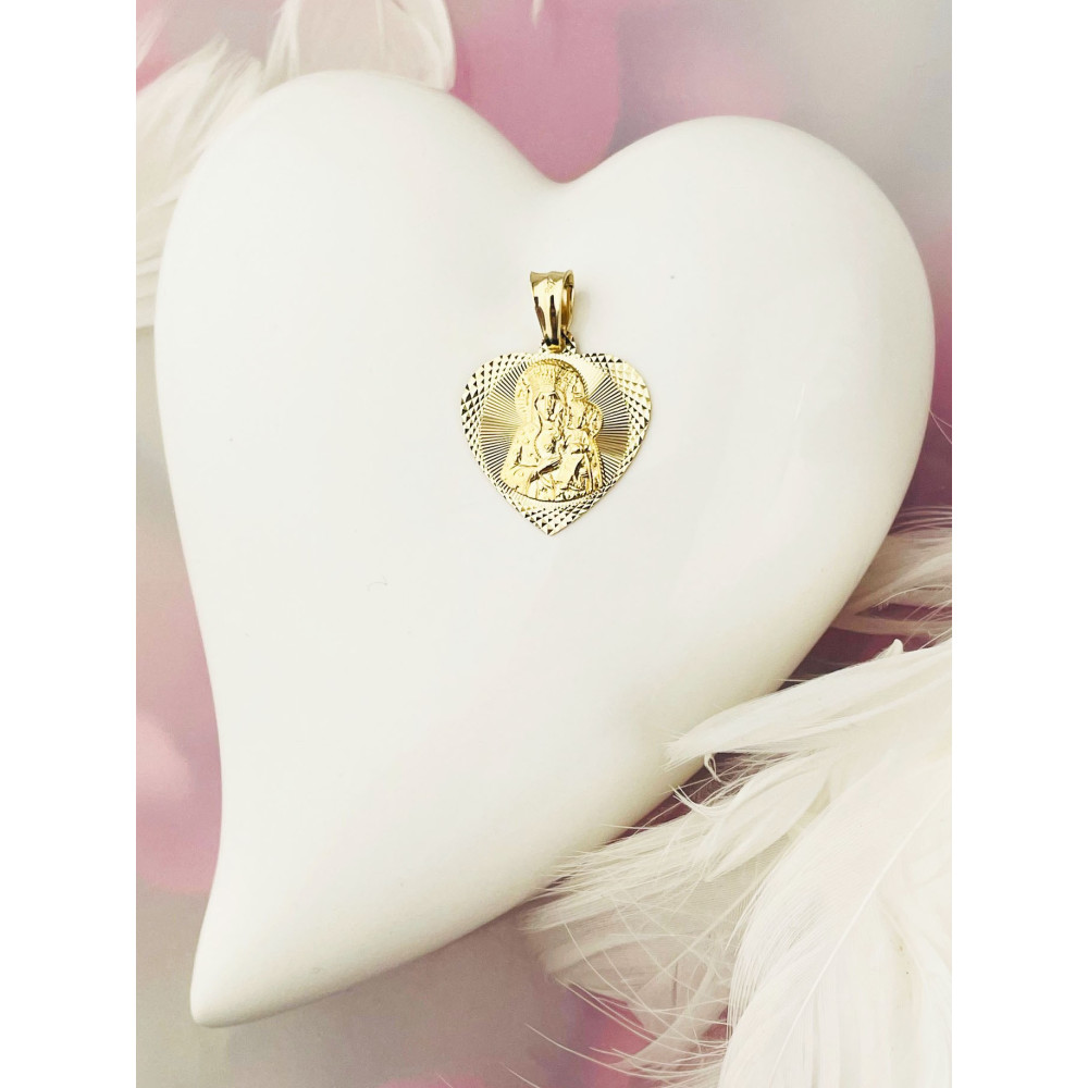 Złoty Medalik Zawieszka serce Matka Boska Częstochowska Chrzest Komunia