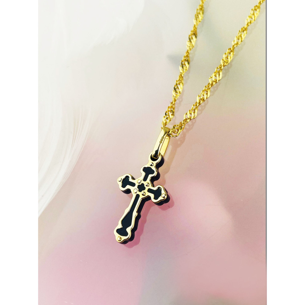 Goldanhänger Kettenanhänger Gold mit Onyx Anhänger Kreuz Goldkreuz Erstkommunion Gelbgold 585er 14KT