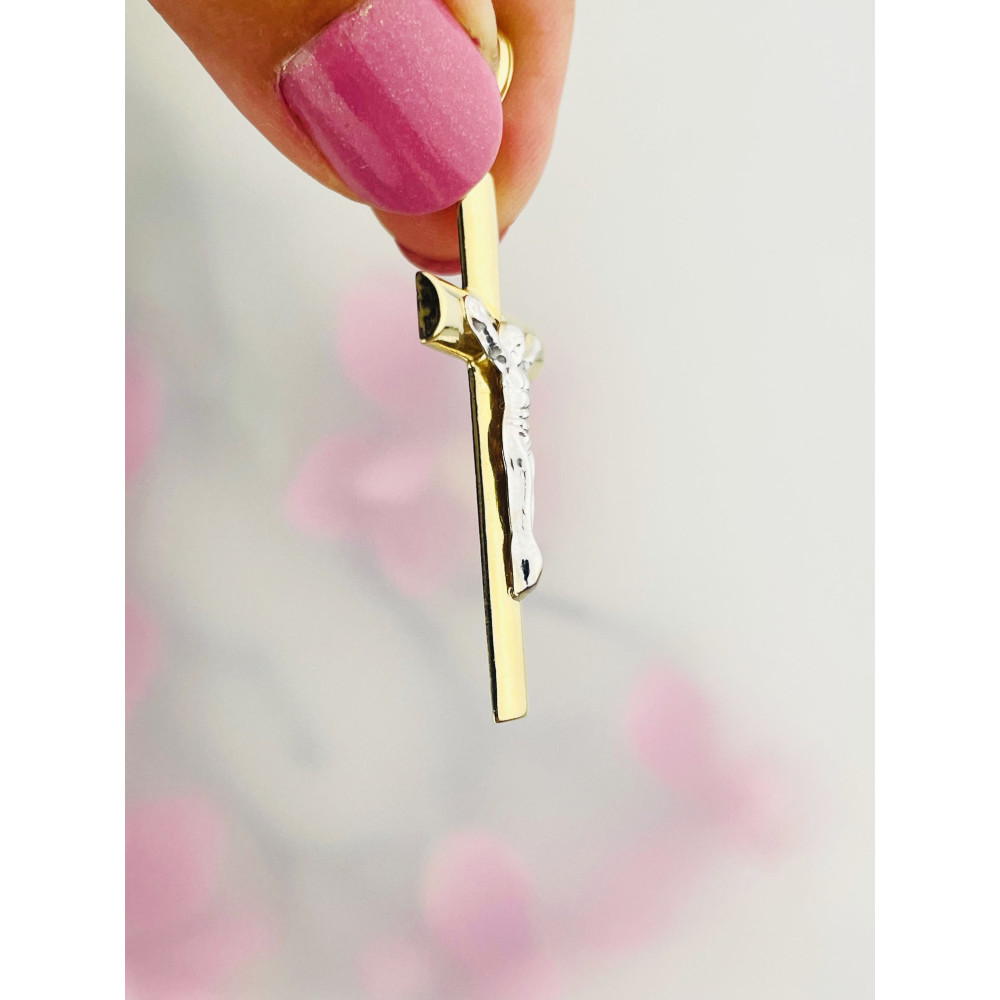 Złoty krzyżyk Jezus Chrystus bikolor Komunia Chrzest