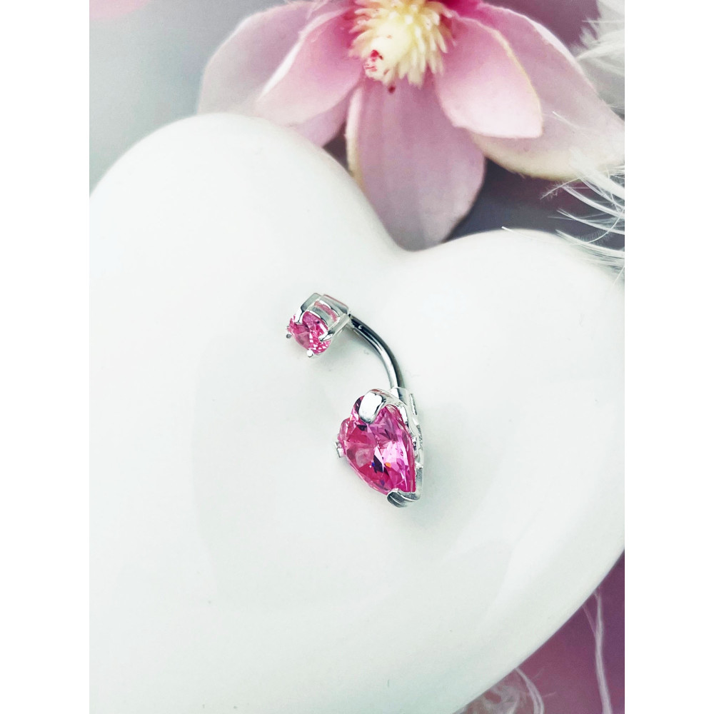 Srebrny kolczyk do pępka kolorowy serce serduszko różowe z cyrkoniami