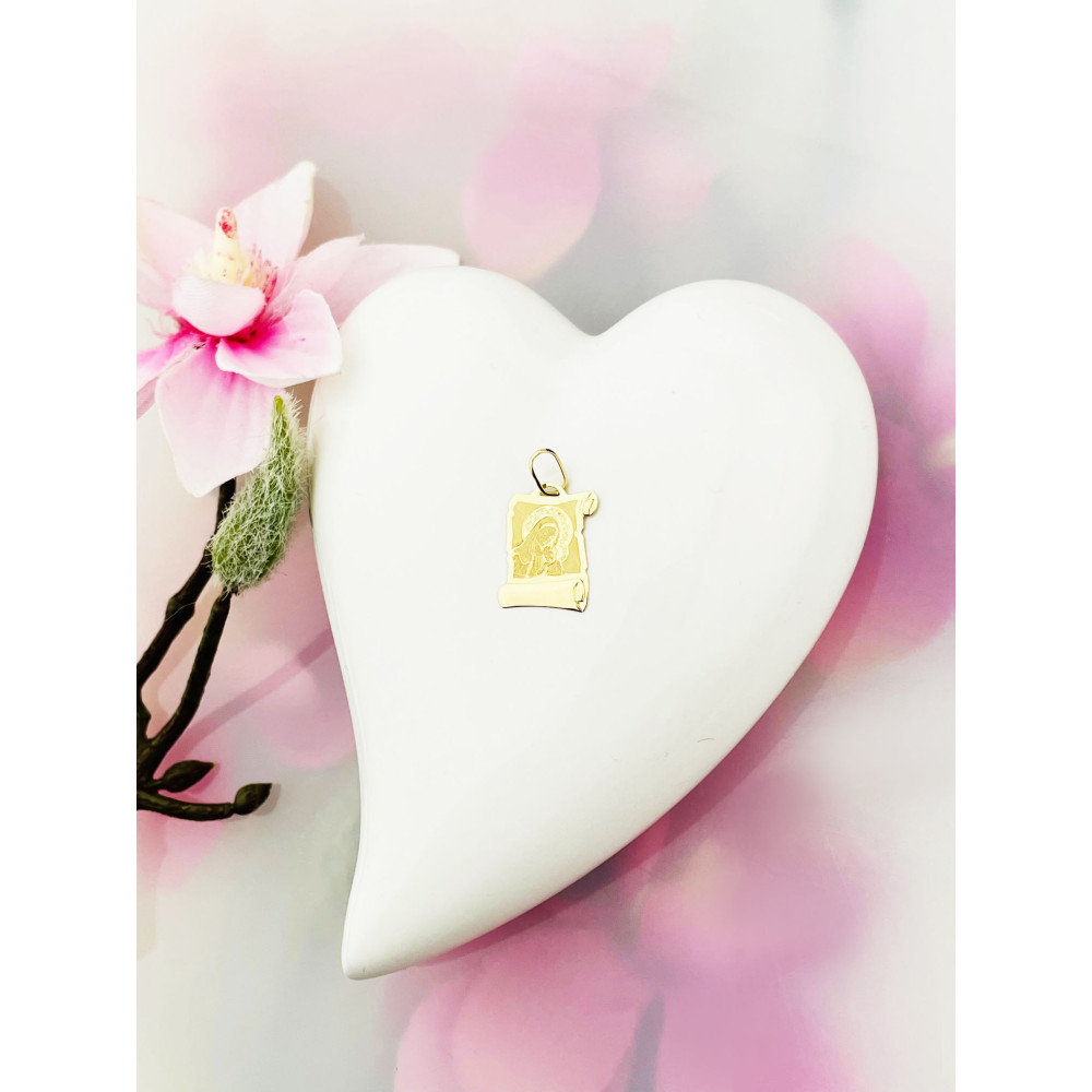 Złoty Medalik Zawieszka Matka Boska z Dzieciątkiem Jezus papirus wzór laserowy Komunia Chrzest