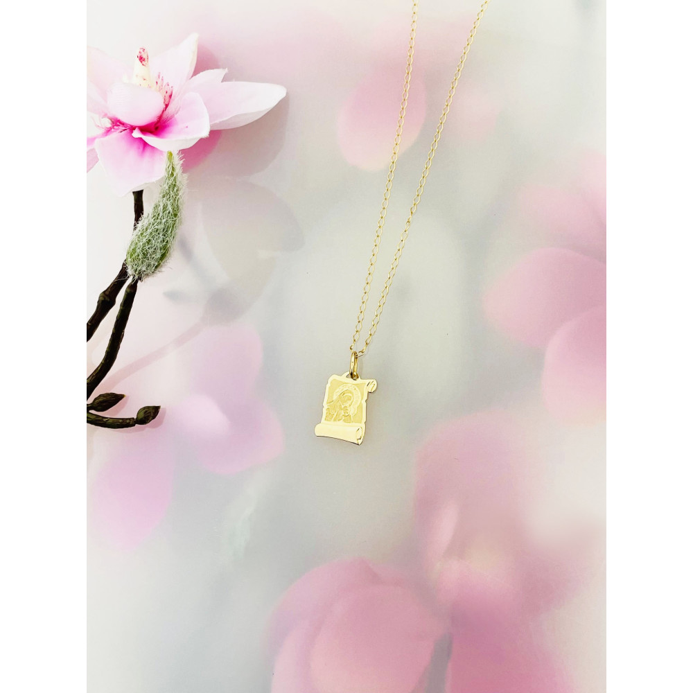 Złoty Medalik Zawieszka Matka Boska z Dzieciątkiem Jezus papirus wzór laserowy Komunia Chrzest