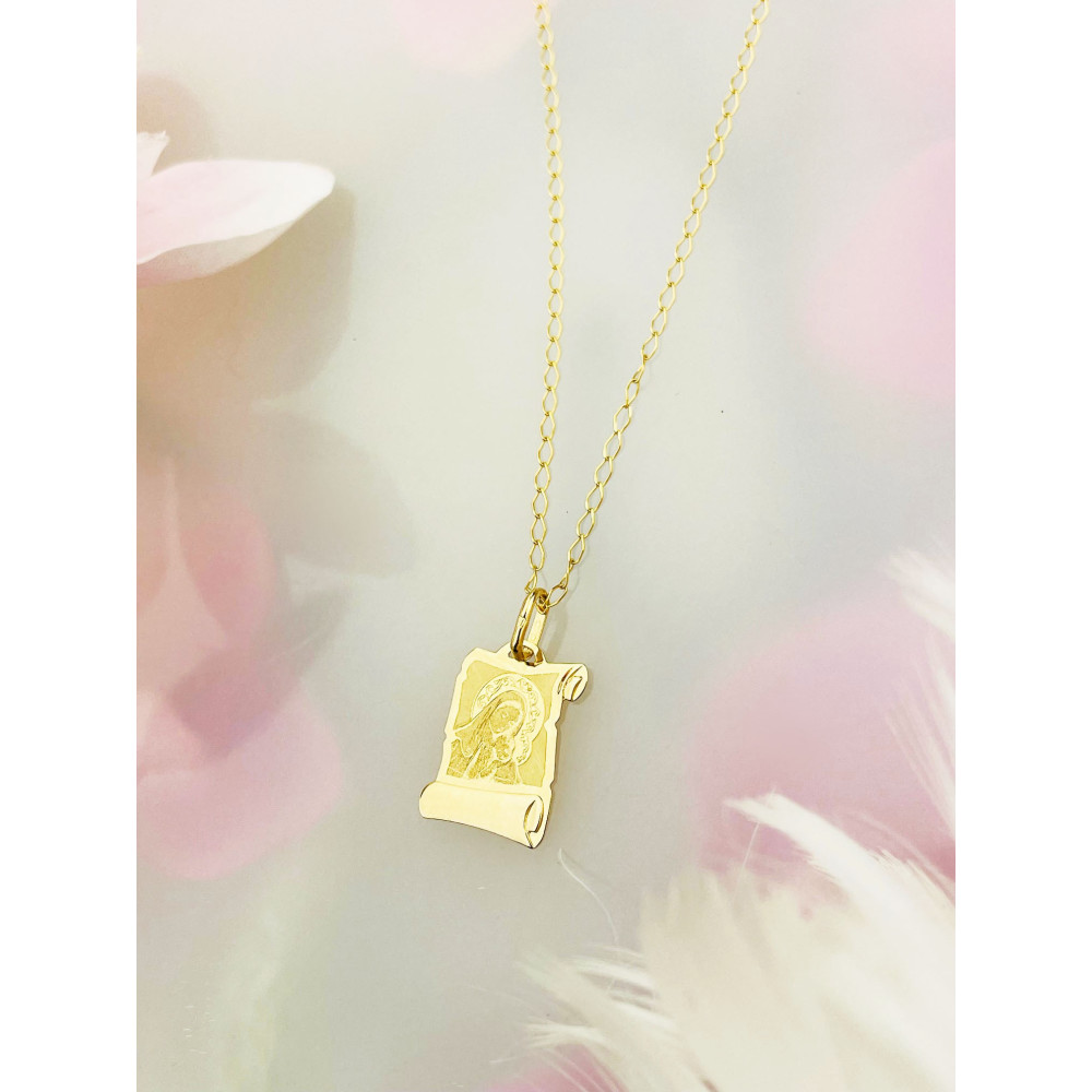 Złoty Medalik Zawieszka Matka Boska z Dzieciątkiem Jezus papirus wzór laserowy Komunia Chrzest