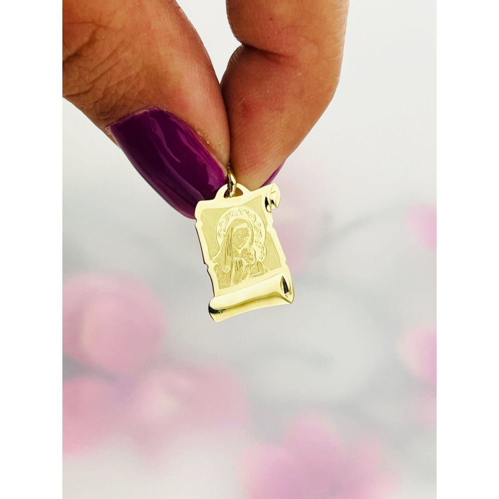 Złoty Medalik Zawieszka Matka Boska z Dzieciątkiem Jezus papirus wzór laserowy Komunia Chrzest