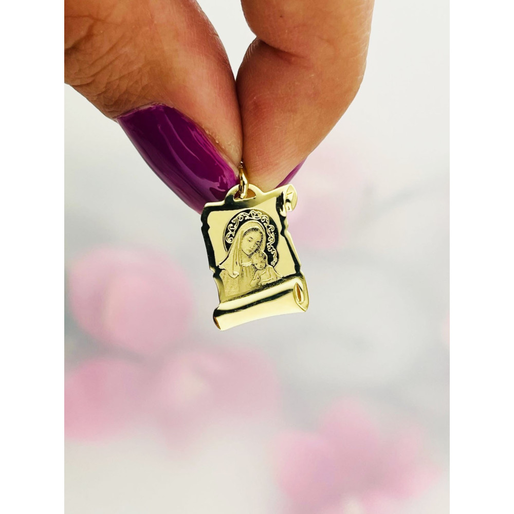 Złoty Medalik Zawieszka Matka Boska z Dzieciątkiem Jezus papirus wzór laserowy Komunia Chrzest