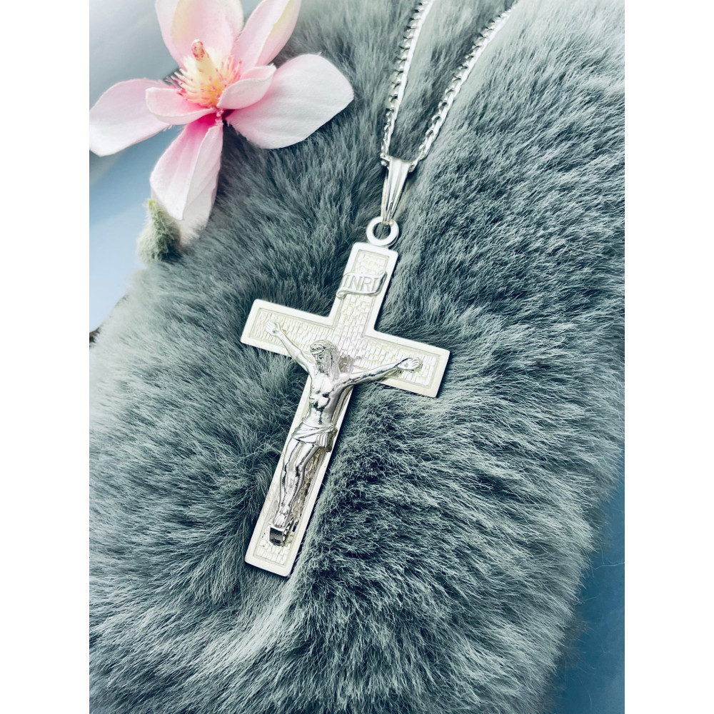 Srebrny duży Krzyż Pan Jezus figurka