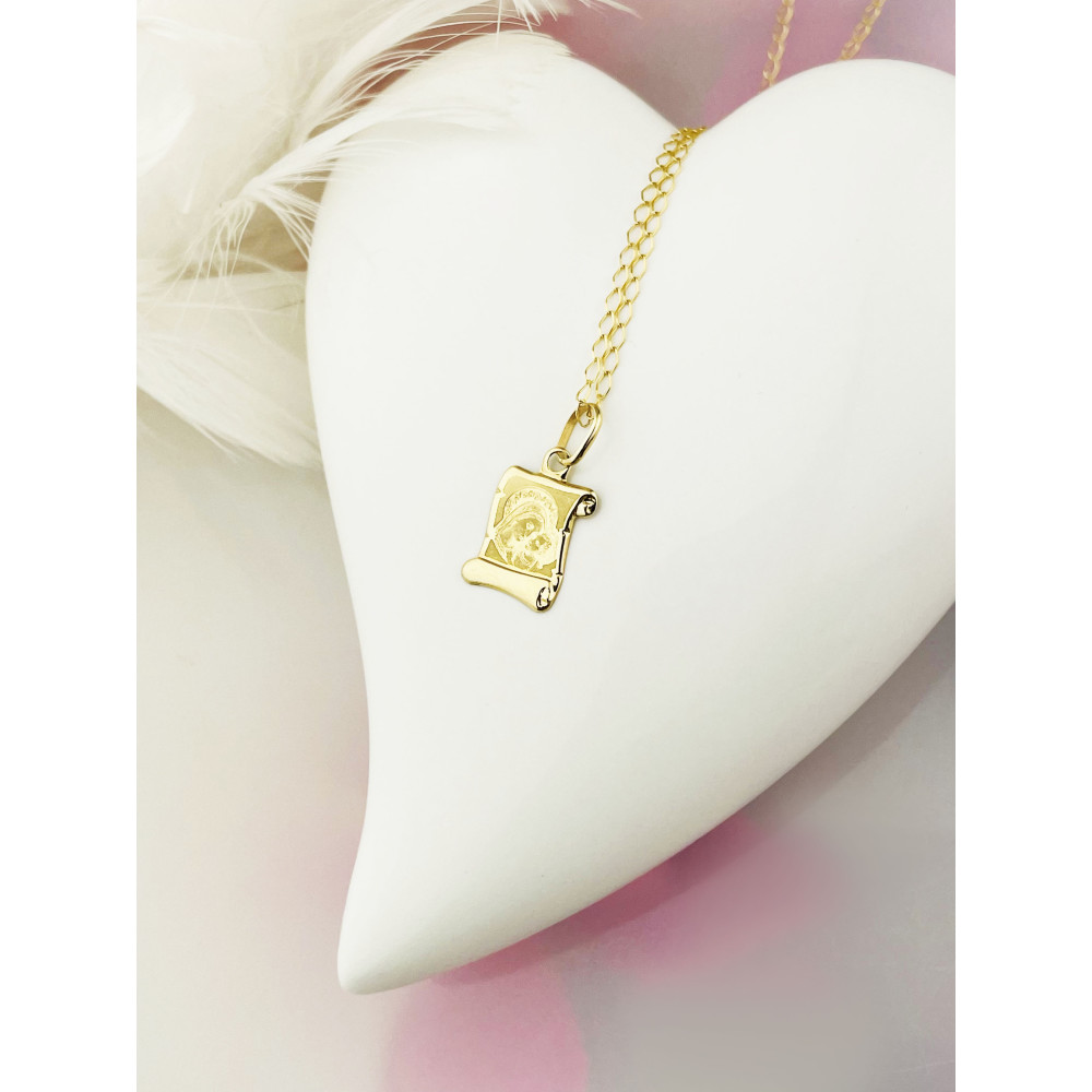 Złoty Medalik Zawieszka Matka Boska z Dzieciątkiem Jezus papirus wzór laserowy Komunia Chrzest