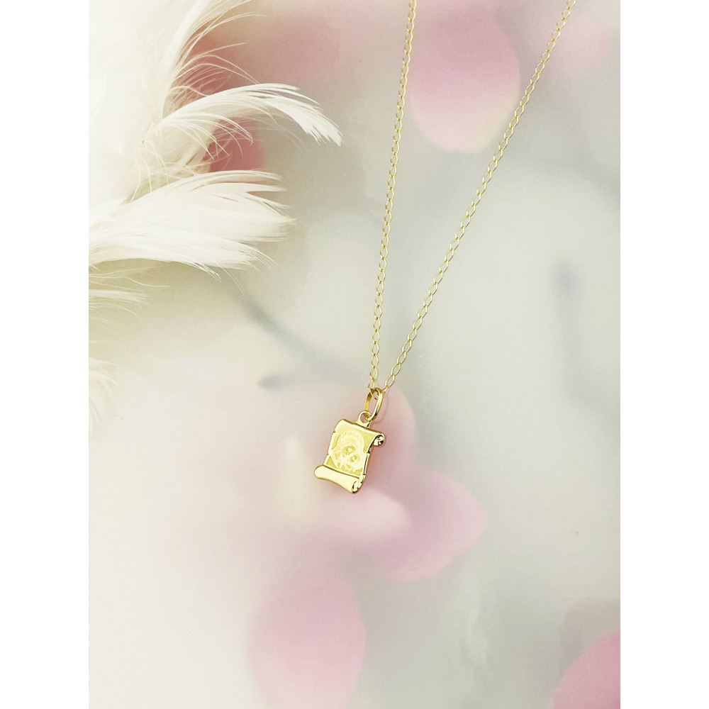 Złoty Medalik Zawieszka Matka Boska z Dzieciątkiem Jezus papirus wzór laserowy Komunia Chrzest