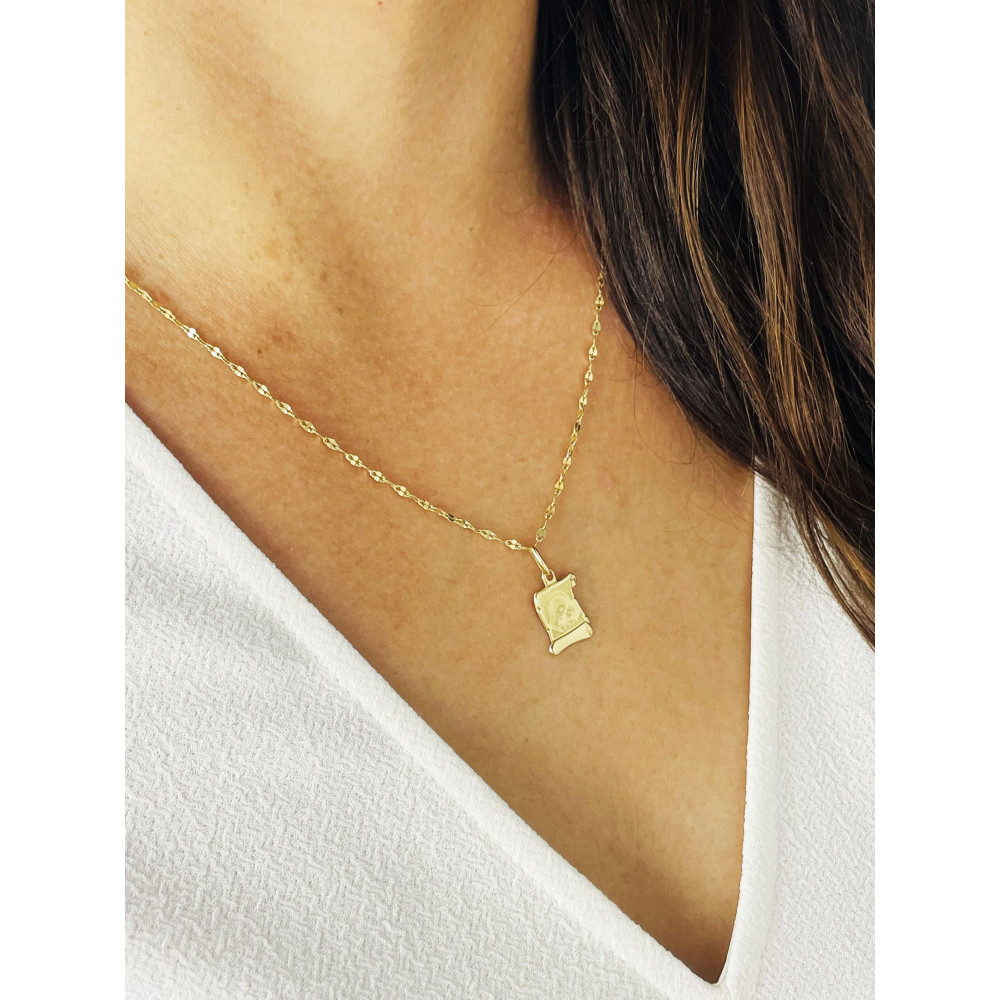 Złoty Medalik Zawieszka Matka Boska z Dzieciątkiem Jezus papirus wzór laserowy Komunia Chrzest