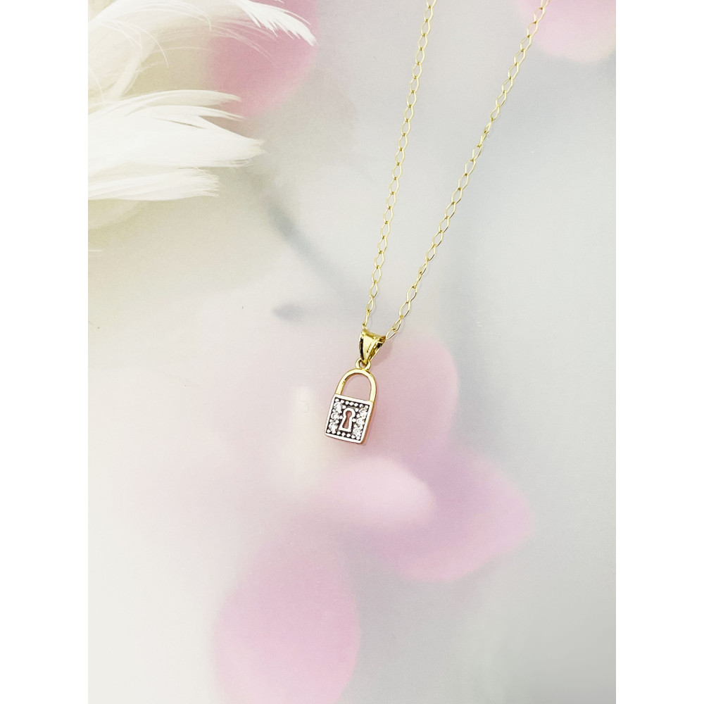 Złoty wisiorek kłódka z cyrkoniami zawieszka kłódeczka bikolor