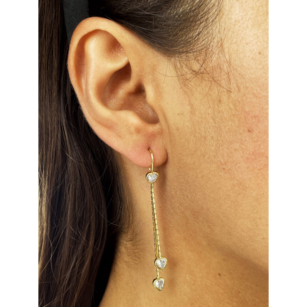 Złote kolczyki wiszące serca z cyrkoniami