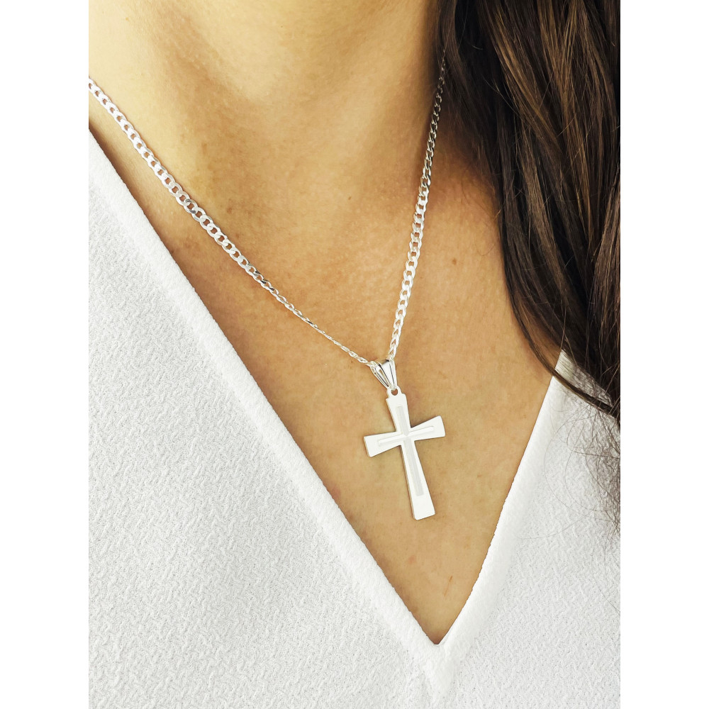 Srebrny krzyżyk prosty dwustronny frezowany Komunia Chrzest