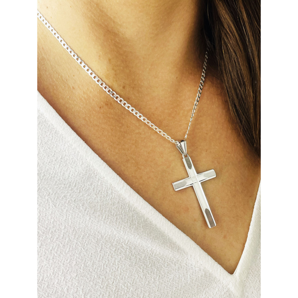 Srebrny komplet naszyjnik łańcuszek pancerka zawieszka krzyżyk frezowany Komunia Chrzest