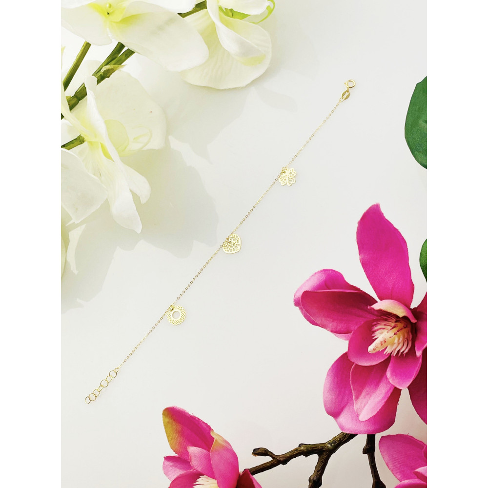 Złota bransoletka koniczynka serce mandala