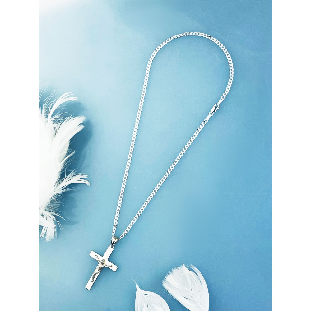 925 Silber Halskette mit Panzerkette und Anhänger Kreuz mit Jesus Erstkommunion Taufe