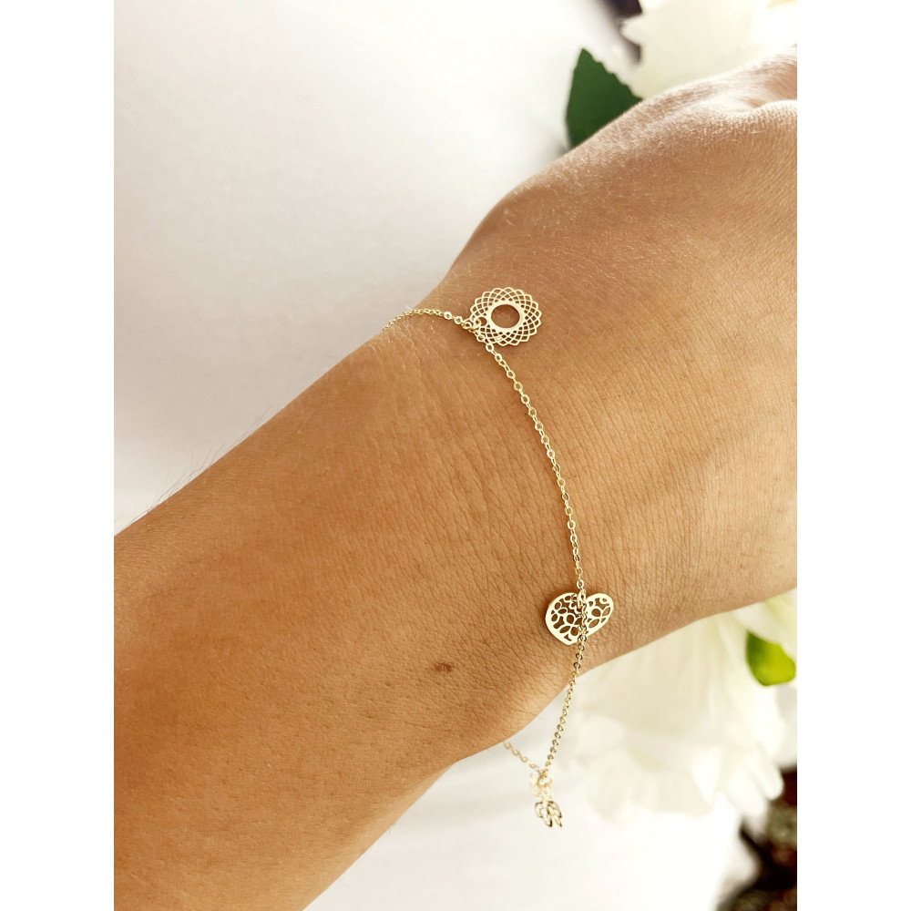 Złota bransoletka koniczynka serce mandala