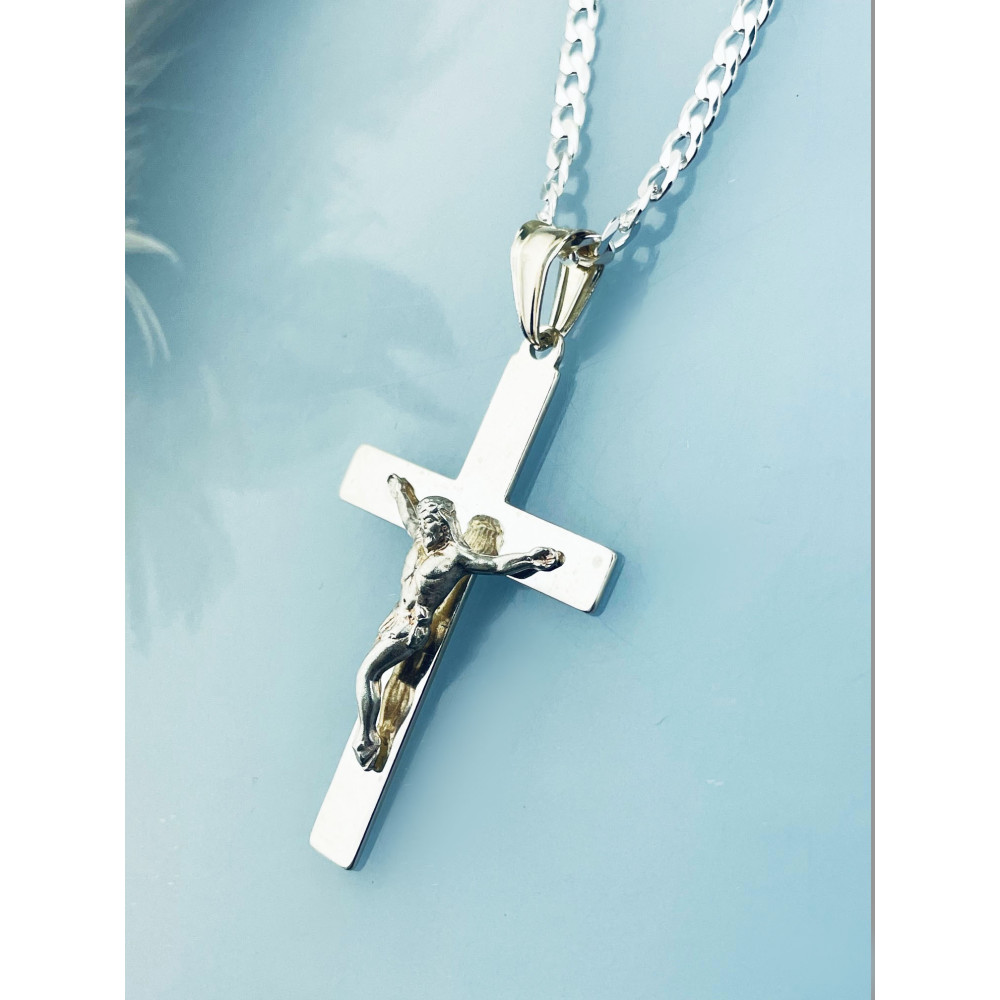 925 Silber Halskette mit Panzerkette und Anhänger Kreuz Erstkommunion Taufe