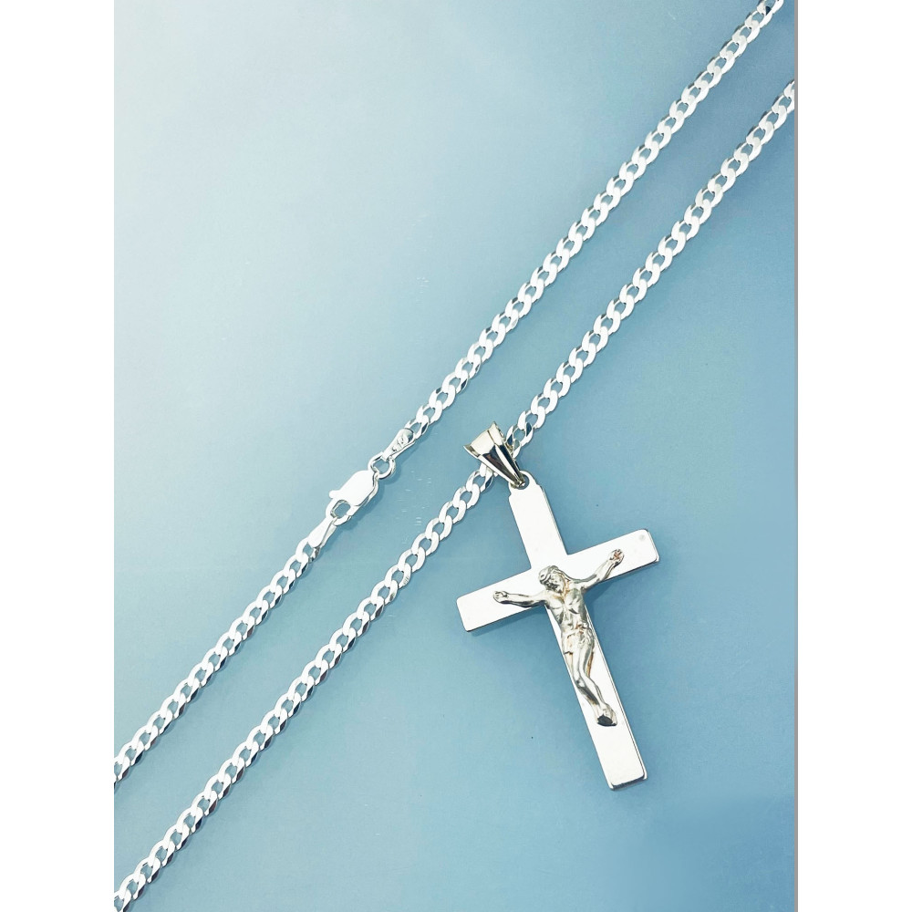 925 Silber Halskette mit Panzerkette und Anhänger Kreuz mit Jesus Erstkommunion Taufe