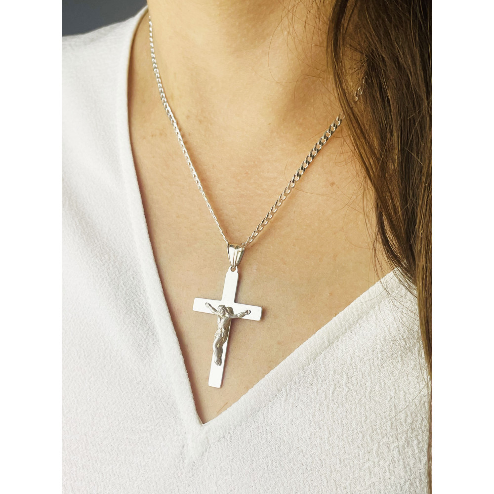 925 Silber Halskette mit Panzerkette und Anhänger Kreuz mit Jesus Erstkommunion Taufe