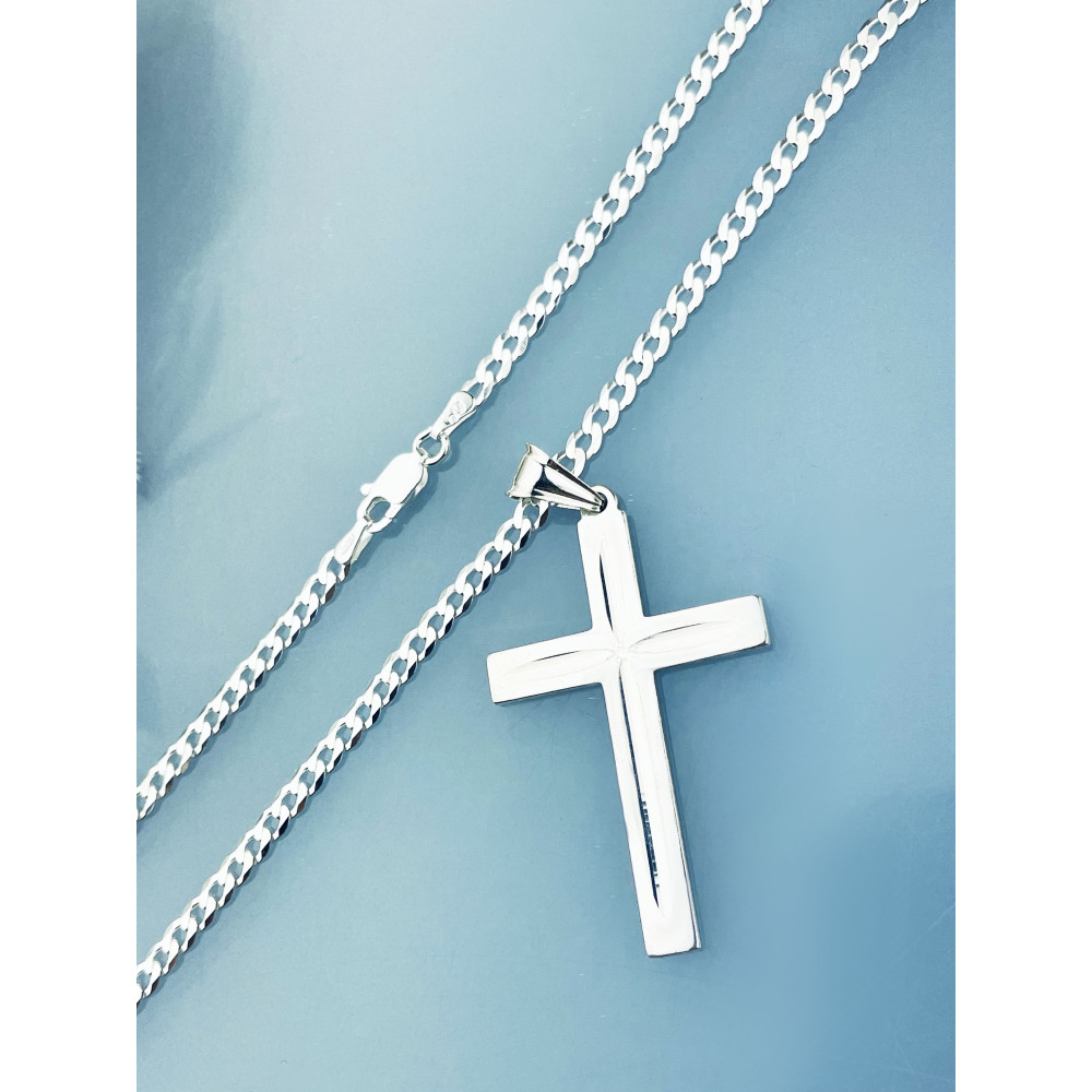 Srebrny komplet naszyjnik łańcuszek pancerka zawieszka krzyżyk frezowany Komunia Chrzest