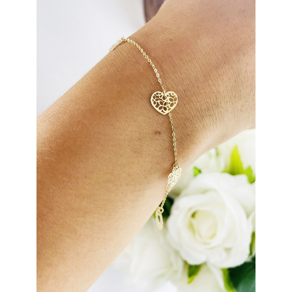 Złota bransoletka koniczynka serce mandala