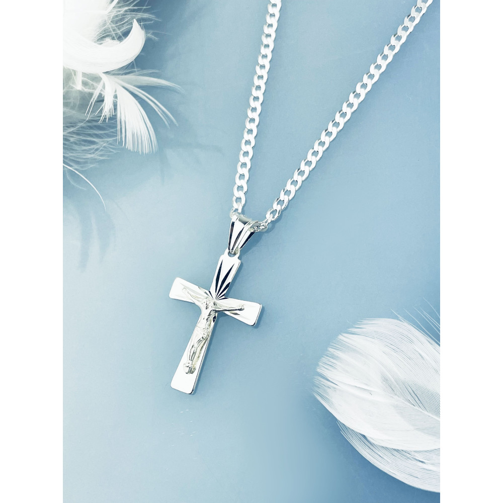 925 Silber Halskette mit Panzerkette und Anhänger Kreuz mit Jesus Erstkommunion Taufe