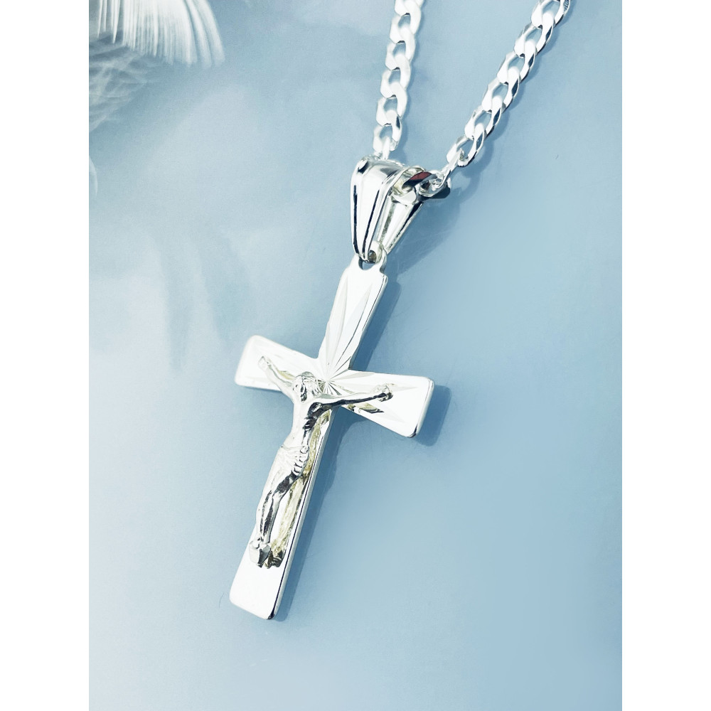 925 Silber Halskette mit Panzerkette und Anhänger Kreuz mit Jesus Erstkommunion Taufe