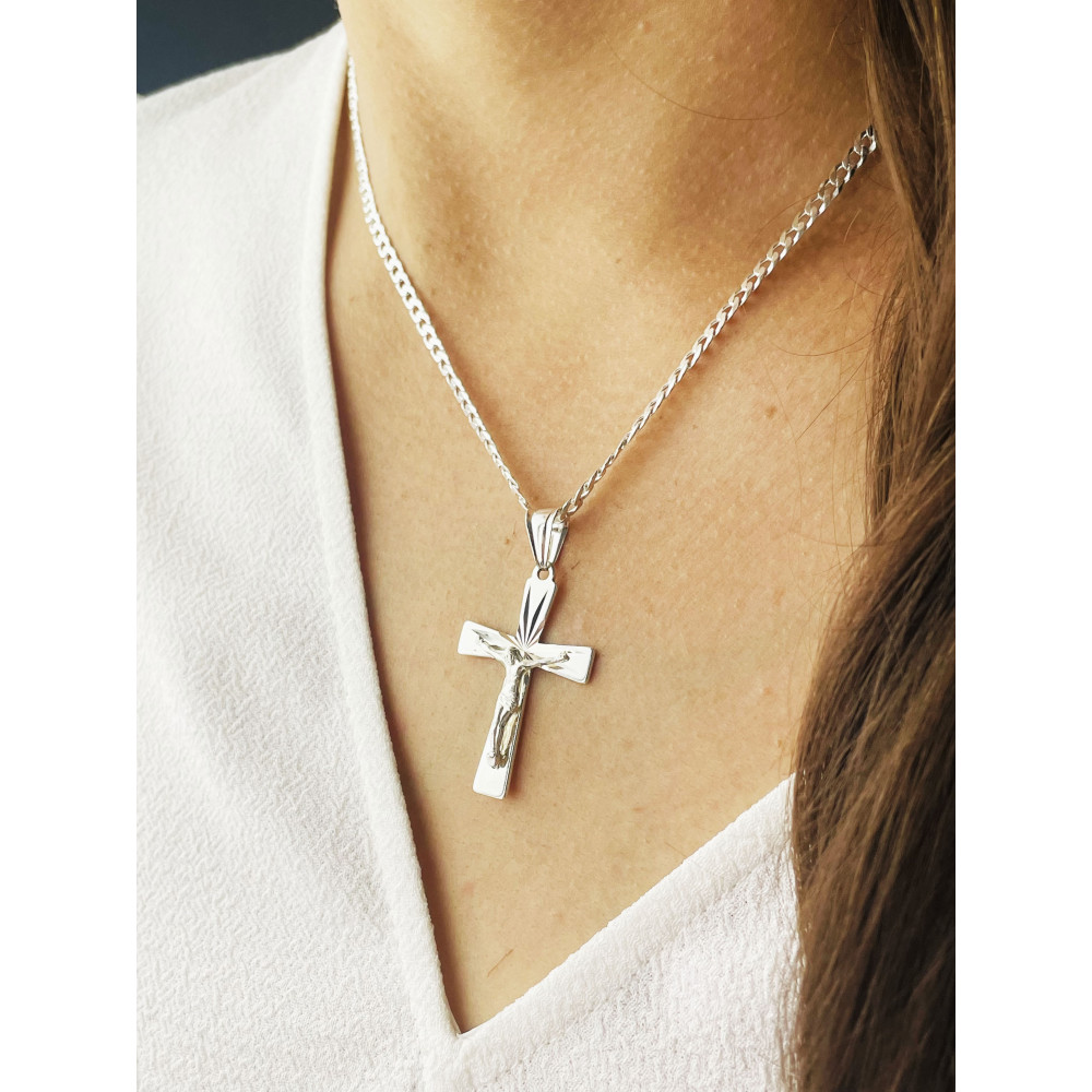 925 Silber Halskette mit Panzerkette und Anhänger Kreuz mit Jesus Erstkommunion Taufe