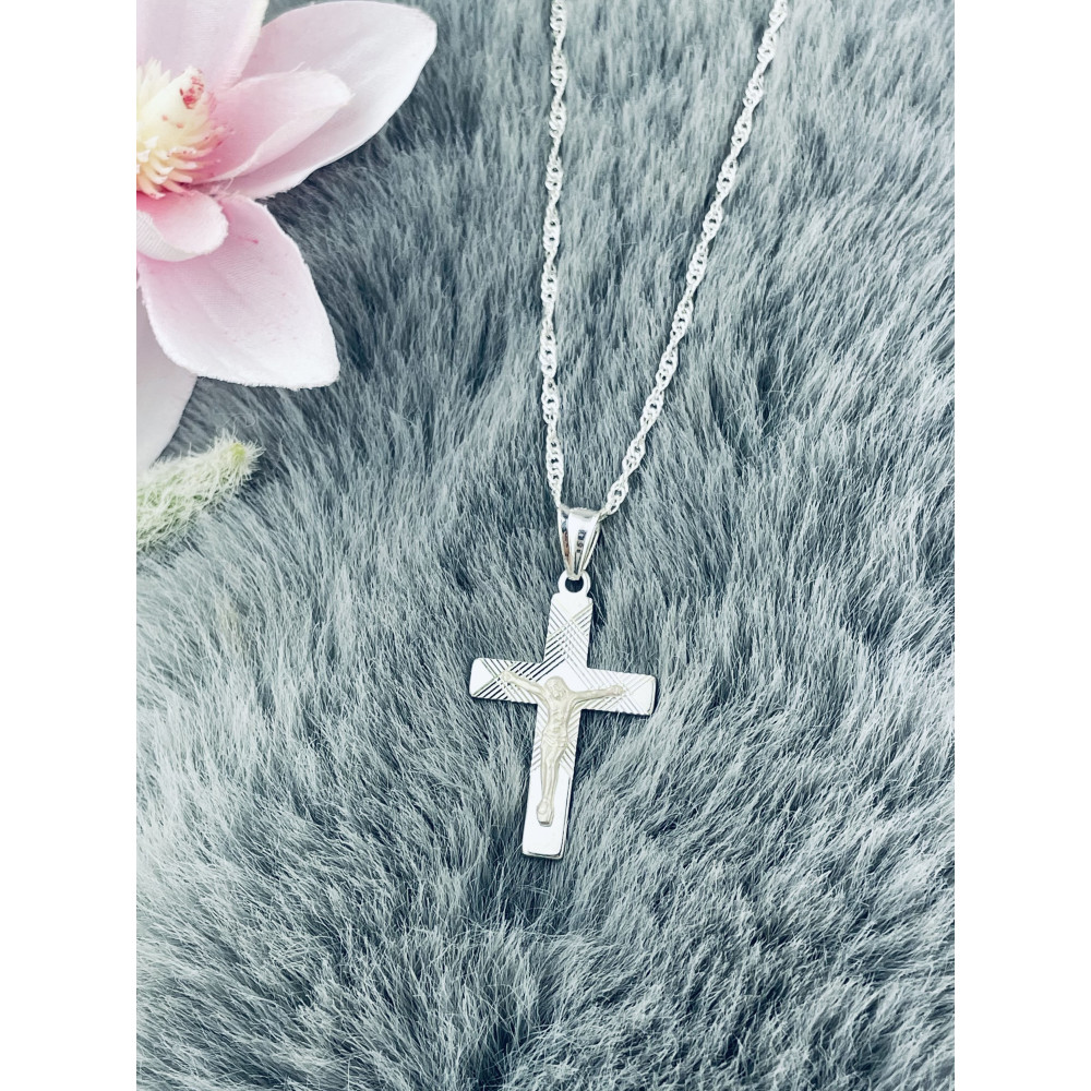 925 Silber Halskette mit Singapur Magic und Anhänger Kreuz mit Jesus Erstkommunion Taufe