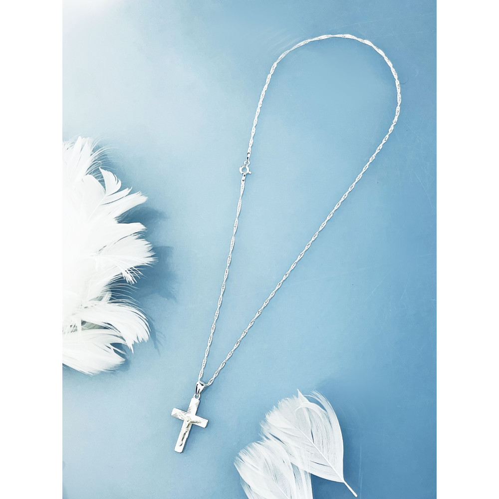 925 Silber Halskette mit Singapur Magic und Anhänger Kreuz mit Jesus Erstkommunion Taufe