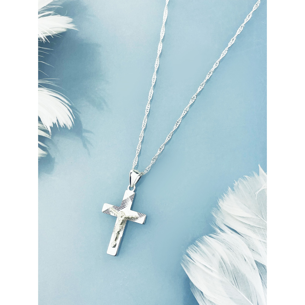 925 Silber Halskette mit Singapur Magic und Anhänger Kreuz mit Jesus Erstkommunion Taufe