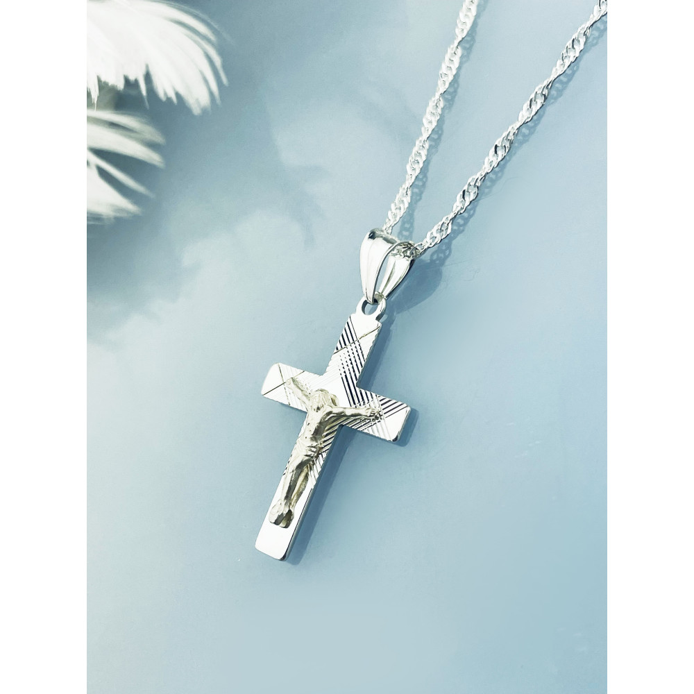 925 Silber Halskette mit Singapur Magic und Anhänger Kreuz mit Jesus Erstkommunion Taufe