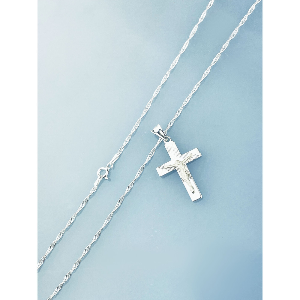 925 Silber Halskette mit Singapur Magic und Anhänger Kreuz mit Jesus Erstkommunion Taufe