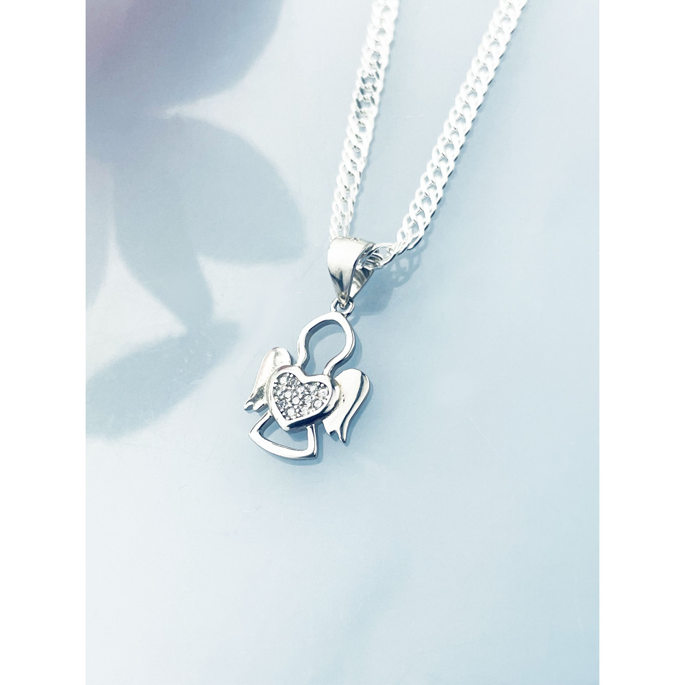 925 Silber Damen Medaillon Anhänger Engel und Herz mit Zirkonia